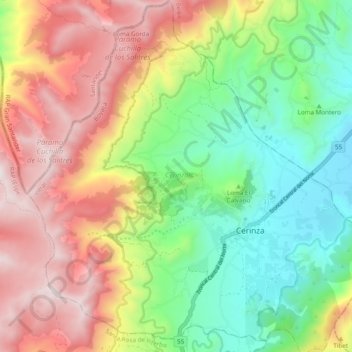 Mapa topográfico Cerinza, altitud, relieve