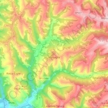 Mapa topográfico Marsaglia, altitud, relieve