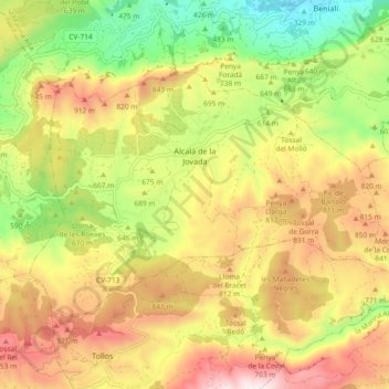 Mapa topográfico Valle de Alcalá, altitud, relieve
