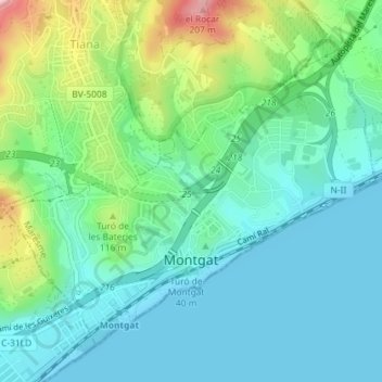 Mapa topográfico Montgat, altitud, relieve