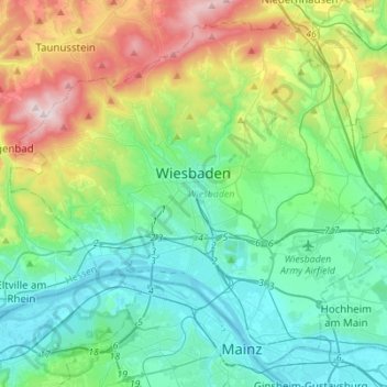 Mapa topográfico Wiesbaden, altitud, relieve