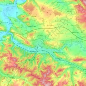 Mapa topográfico Eisenach, altitud, relieve