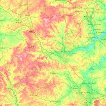 Mapa topográfico West Northamptonshire, altitud, relieve
