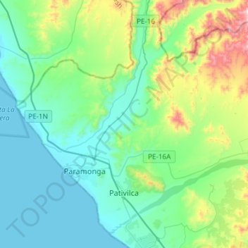 Mapa topográfico Pativilca, altitud, relieve