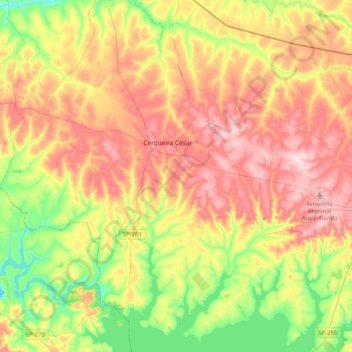 Mapa topográfico Cerqueira César, altitud, relieve