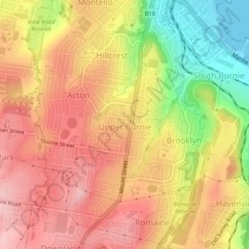 Mapa topográfico Upper Burnie, altitud, relieve