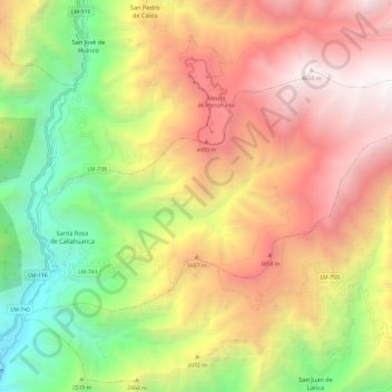 Mapa topográfico Callahuanca, altitud, relieve