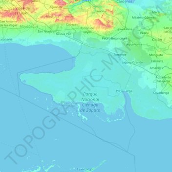 Mapa topográfico Ciénaga de Zapata, altitud, relieve