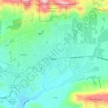 Mapa topográfico Ojai, altitud, relieve