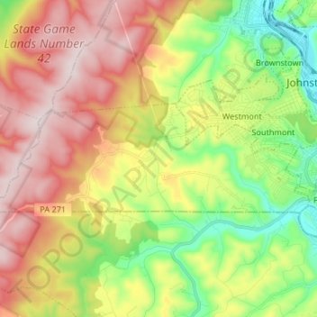 Mapa topográfico Upper Yoder Township, altitud, relieve