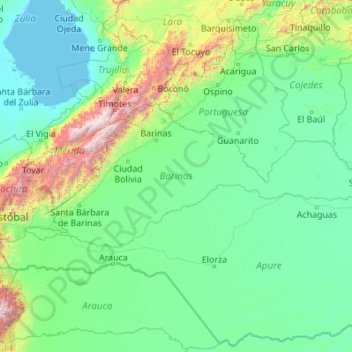 Mapa topográfico Barinas, altitud, relieve