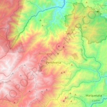Mapa topográfico Pensilvania, altitud, relieve