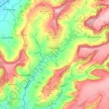 Mapa topográfico Painswick, altitud, relieve