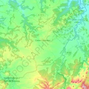 Mapa topográfico Cretas, altitud, relieve