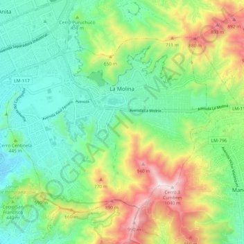 Mapa topográfico La Molina, altitud, relieve
