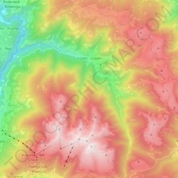 Mapa topográfico Lüsen, altitud, relieve