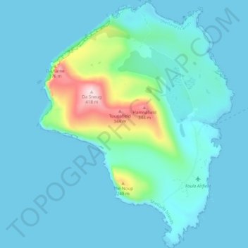 Mapa topográfico Foula, altitud, relieve