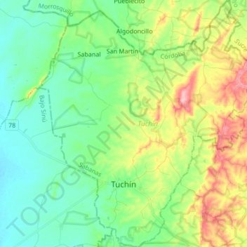 Mapa topográfico Tuchín, altitud, relieve