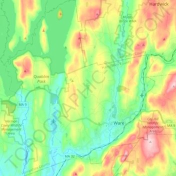 Mapa topográfico Ware, altitud, relieve