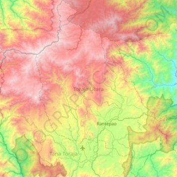 Mapa topográfico Toraja Utara, altitud, relieve