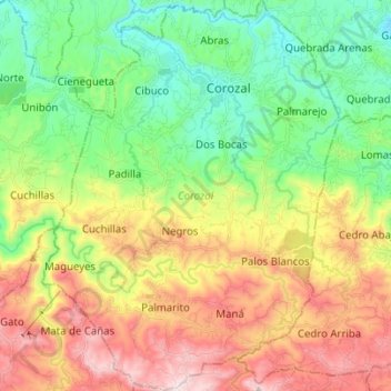 Mapa topográfico Corozal, altitud, relieve