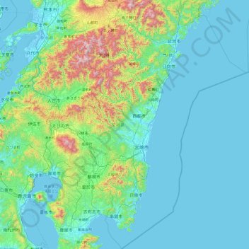 Mapa topográfico Kyushu Region, altitud, relieve