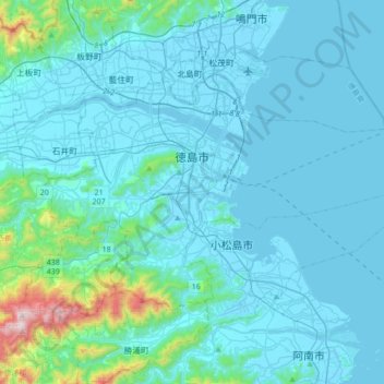 Mapa topográfico Tokushima, altitud, relieve