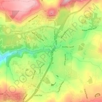 Mapa topográfico Nevada City, altitud, relieve