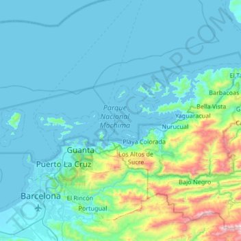Mapa topográfico Parque Nacional Mochima, altitud, relieve