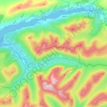 Mapa topográfico Glen Coe, altitud, relieve