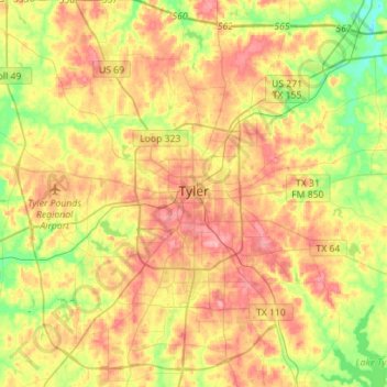 Mapa topográfico Tyler, altitud, relieve