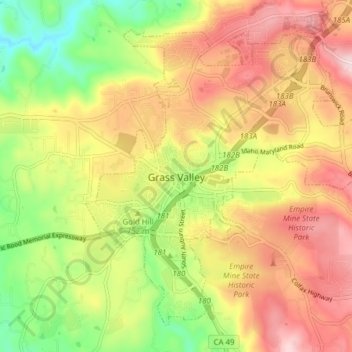 Mapa topográfico Grass Valley, altitud, relieve