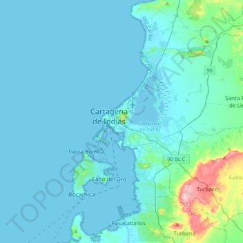 Mapa topográfico Cartagena, altitud, relieve