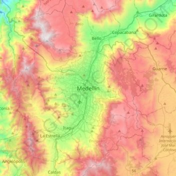 Mapa topográfico Medellín, altitud, relieve